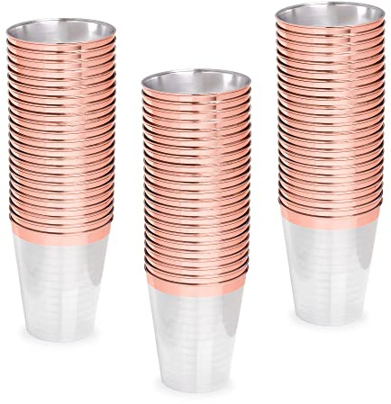 STACKABLES Lot de 50 gobelets en plastique rigide transparent avec bord or rose 300 ml – Gobelets de fête élégants réutilisables