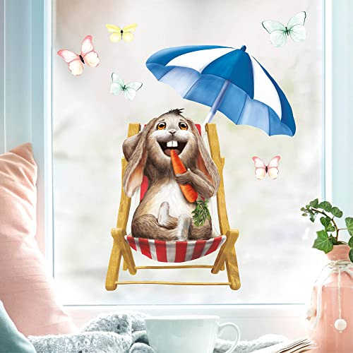 Wandtattoo Loft Fensterbilder Frühling Selbstklebend Hase auf Liegestuhl Motiv – A4 Bogen, Wiederverwendbar – Deko Frühling, Frühlingsbild Fenster, Fensterdeko Frühling, Fensterbild Ostern