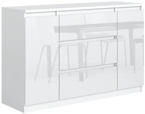 meble masztalerz Commode Blanc Haute Brillance avec 3 tiroirs et 2 Portes 120 cm, Meuble Rangement, Commode Chambre H : 78,2 cm, L : 120,4 cm, P : 39 cm Commode avec tiroirs, Commode Chambre Adulte