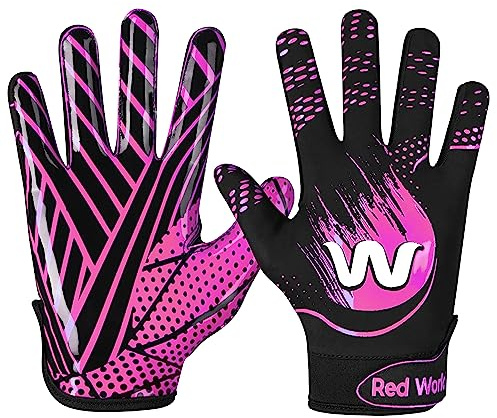 RED WORLD Football Gloves for Kids, Youth and Adult, Receiver Gloves for Boys and Girls, Men and Women, Enhanced Performance (Pink, Youth Large)