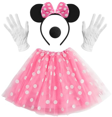 Costume de souris pour femme, oreilles de souris avec nœud rose, robe de ballet + bandeau + gants + nez, tutu rose à pois blancs, robe en tulle pour enfant pour carnaval, cosplay, fête d'Halloween