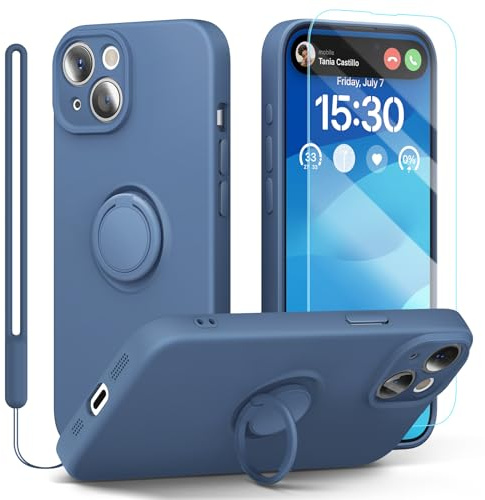 pcgaga Silicone Phone Case for iPhone 15 with Screen Protector [Ring Holder Stand] [Wrist Strap] [Microfiber Lining] Slim Shockproof Protective Cover, 6.1, Blue