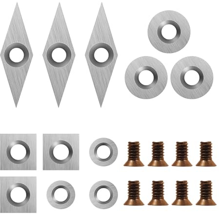 DEEFIINE Tungsten Carbide Cutters Inserts Set for Wood Lathe Turning Tools Include 11 mm Square with Radius, 12 mm and 8.9 mm Round, 30 x 10 mm Diamond with Pointed Point,8 Pieces screws.