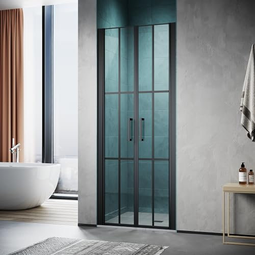 SONNI Porte de douche 90 x 195 cm verre trempé 5 mm double porte coulissante mat noir grille simple face nano-revêtement magnétique bande d'étanchéité