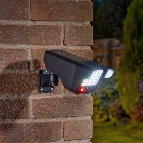 Garden Mile Dummy CCTV Camera Outdoor Pir Solar Decoy Fake Camera and Floodlight - Motion Activated Dummy Camera Security Light - Waterproof Fake CCTV Camera Blinking Flashing Red Light - Black