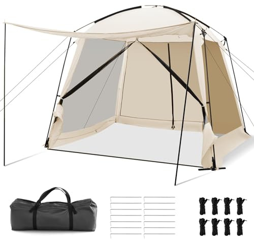 HOMASIS Tente de Camping Familiale Pop-up pour 6 à 8 Personnes - 2 Serviettes d'Ombrage, Sac de Voyage, Moustiquaires Avec Fermeture Éclair - Polyester, Beige