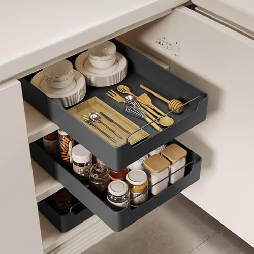 Teleskopschublade 30 cm Breit, Ausziehbare Schubladen-Aufbewahrungsregale für Küchenschränke, Ausziehbare Ausziehbare Schublade, Kein Bohren und Nageln Erforderlich (30 cm x 43 cm x 7 cm) (Schwarz)
