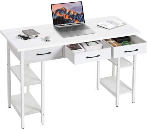 Panana Computer Desk, Writing Desk Home Office Study Desk Gaming Desk Writing Table With 3 Fabric Drawers and Bookshelf (White)