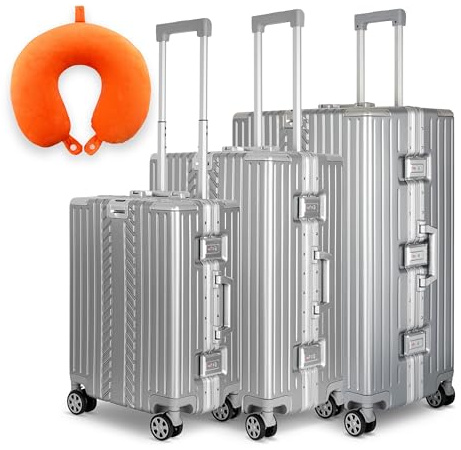 WINLIFE 3in1 M+L+XL Handgepäck(53cm) + Checkin-Trolley(65cm) + XL Koffer(75cm) Reisekoffer Set mit Alu-Rahmen, ABS + Orange Nackenkissen & TSA Nummern-Schloss | Silber