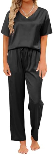 TeJoyce Damen Satin Schlafanzug für Sommer, Zweiteiliger Pyjama Seide for Frauen, Set Kurzarm und Hose Lang mit Taschen, Leichter und Elegante Seidenpyjama zum Schlafen S-XXL