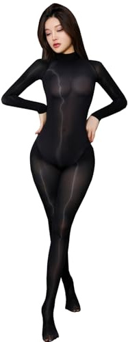 LESOYA Women Men Long Sleeve Bodysuit Sheer Catsuit High Collar Oil Shiny Bodystocking Silky Full Body Stocking