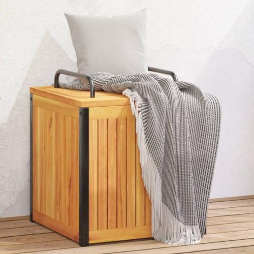 Iiaky Gartenbox Massivholz Auflagenbox Holz Wetterfest Aufbewahrungsbox Gartentruhe Sitztruhe Massivholz Akazie und Stahl-45 x 45 x 45/53 cm