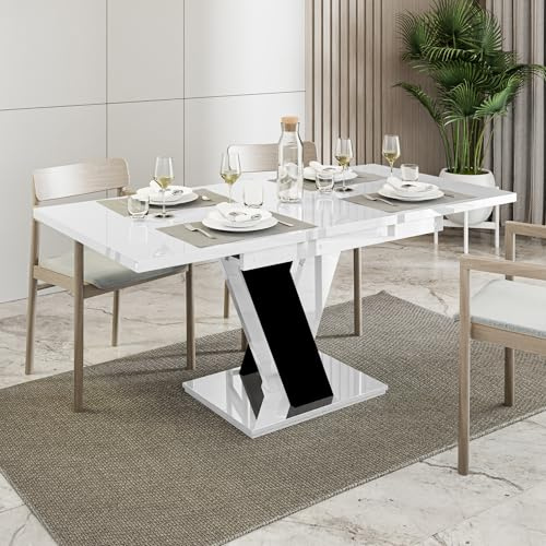 PHD FURNITURE Extendable Dining Table MASIV | Modern 6 Seater, 120–160 cm | Elegant V Shaped Legs | Space-Saving, Easy to Clean | Ideal for Kitchen or Dining Room (White Gloss, Black Gloss)