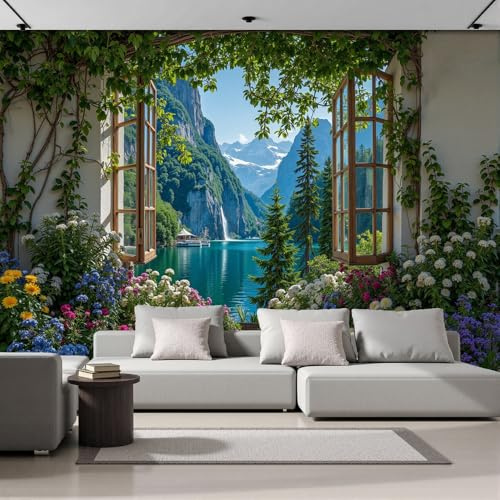Murales 3D De Seda, Pintado Panorámico Jardín Ventanas Mural Para Artística, Papel Tapiz Fotomurales Cascada Lago Decoración Póster De Pared Salón Dormitorio, 200 x 140cm