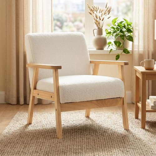 HOMCOM Modern Armchair Sherpa Fleece Upholstered Accent Chair Cream White