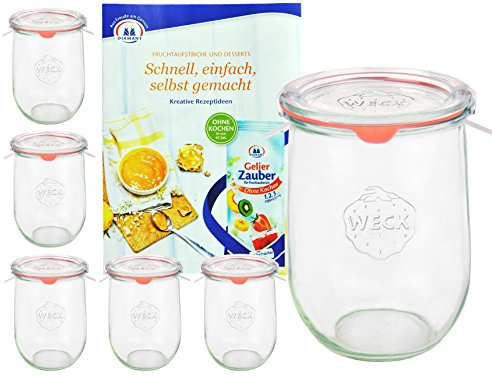 MamboCat 6er Set Weckgläser 1062 ml Tulpenform mit Deckel Einkochring Klammern I Original Weck Tulpenglas I Einweckgläser für Obst Gemüse UVM I inkl. Diamant-Zucker Gelierzauber Rezeptheft