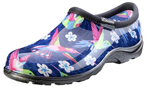 Sloggers Vattentät trädgårdssko för kvinnor – utomhus slip-on regn och trädgårdstofflor med premium komfort innersula, (blå/rosa kolibri), (storlek 46)