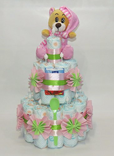 Windeltorte Breilöffel mit Bär rosa/grün | Windelgeschenk Mädchen