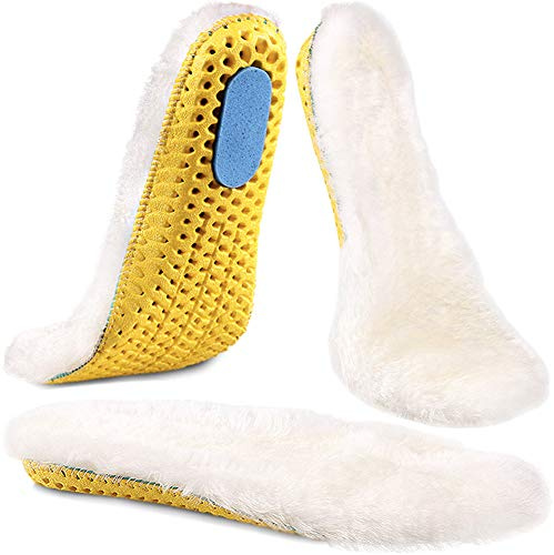 Ailaka Sheepskin Sport Insoles for Women & Men, Premium Thick Wool Fur Fleece Replacement Warm Inserts for Shoes Boots Slippers Sneakers, 4 UK Men/ 5 UK Women, White/Yellow