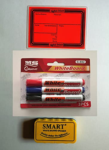 20 laminierte Preisschilder 111 x 154 mm leuchtrot + 3 Marker + 1 Schwamm zum Löschen für Obst und Gemüse mit Aufdruck Werbesymbole
