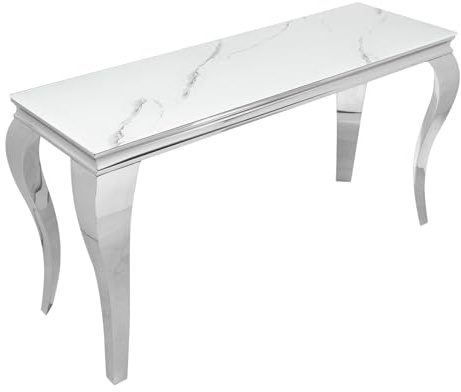 Konsolentisch MODERN BAROCK 145cm - grau weiß - Sicherheitsglas Edelstahl | Beistelltisch, Marmor-Optik, hochwertig, 50 kg Belastbarkeit, glamouröses Flair, Eyecatcher, Edelstahlgestell