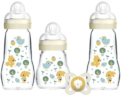 MAM Glass Baby Bottles & Soother Starter Set | 4 Pieces | 2x 170ml and 1x 260ml Feeding Bottles | 1x 0+ Months Soother | Perfect Baby Accessories for Newborn