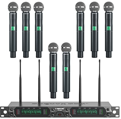 Phenyx Pro Wireless Microphone System, 8-Channel UHF Cordless Mic with Metal Handheld Wireless Mics, Fixed Frequency Dynamic Microphone for Karaoke,Church,Singing,DJ,260ft Range (PTU-4000-8H)
