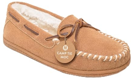 Minnetonka Women�s Camp Tie Moc � Cozy, Suede Moccasin Slippers for Women with Plush Pile Lining, Cushioned Footbed, and Durable Sole for Indoor & Outdoor Comfort, 8 M Cinnamon