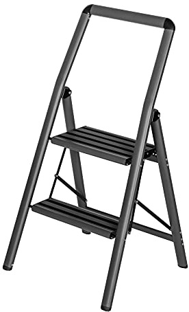 WENKO Aluminium Ladder Compact, Lightweight Folding Step Ladder with Safety Bar & Grab Handle, 2 Non-Slip Steps for 44 cm Higher Stand, 3.05 kg, 45.5 x 91.5 x 6 cm, Dark Grey