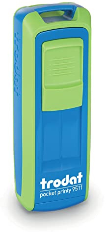 Trodat Pocket Printy 9511 - grün/blau - mit Wunschtext personalisierbarer Namensstempel, Adressstempel oder Textstempel - 4 Zeilen - 38x14mm