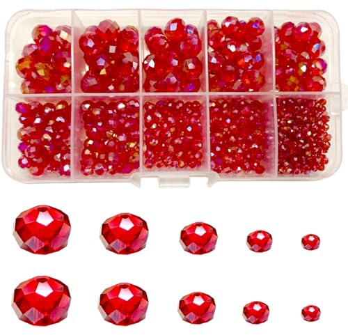 Gocelyn Crystal Glass Faceted Beads of AB Color (Red), Rondelle Faceted AB Crystal Beads Assorted Supplies Spacer Loose Beads for Jewelry Making Findings Bracelets Pendants (2mm, 4mm, 6mm, 8mm, 10mm)