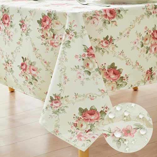 Vintage Floral Rectangle Tablecloth Shabby Chic Flower Table Cloth Spring Table Cover Waterproof for Dinner Kitchen Picnic, Pink, 60x120 Inches