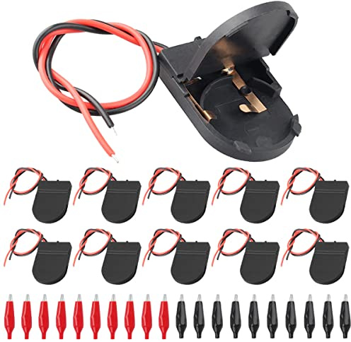 DAOKAI 10 pièces CR2032 Support de Pile 1 Cellule 3V Bouton Support de Pile Coin Cellule Support de Pile Interrupteur Marche-Arrêt Support de Pile 15cm Fil de Plomb pour Bricolage avec Pince Crocodile