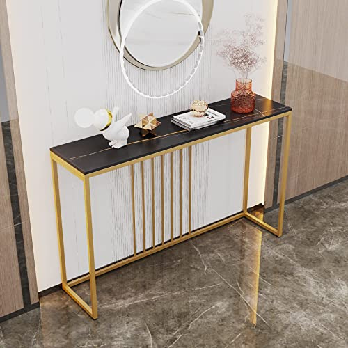 FATIVO Konsolentisch Marmor Schmal Gold: Eingang Tisch 120 cm Skandinavisch mit Gold Metallgestell, Flurtisch für Schlafzimmer Wohnzimmer 120×30×79cm Schwarz