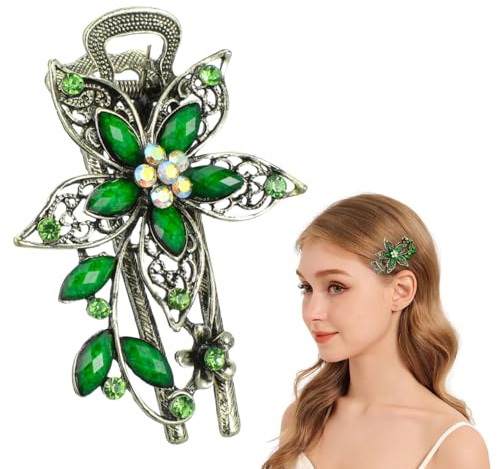 minkissy Elegante Haarspange Vintage Haarschmuck Grün Klammer Damen Strass Haarkralle Vintage Blätter Haarkralle Spangen Haare Rutschfeste Haarspange