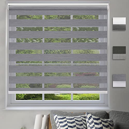 Cordless Zebra Blinds - Dual Layer Sheer Day & Night Roller Window Shades, Horizontal Free-Stop Blinds for Windows, Privacy Light Control [Gray, Size 47 W x 56 H] Custom Cut to Size