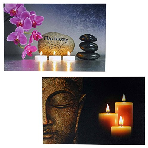 Mendler 2er-Set LED-Bild-AM 40x60cm - Buddha + flackernd | Leinwandbild, Leuchtbild, Wandbild, Timer