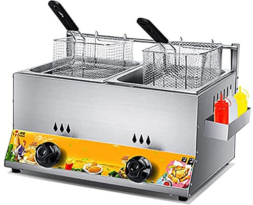 CHUNTIANMEI Friteuse À Gaz Commerciale Professionnelle,Friteuse Au Propane de Table en Acier Inoxydable,Puissance De Feu Réglable,avec Panier Et Couvercle pour Frire des Aliments Cuisiner,6L+6L