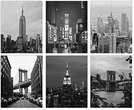 PLIGREAT 6 Stück New York City View Leinwand Moderne Poster Set Ungerahmt Stadt Sehenswürdigkeiten Schwarz Weiß Wand Kunst Dekor Leinwand Kunstdrucke für Wohnzimmer Badezimmer Deko Bilder Galerie
