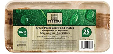 Tessera Bio Products QPF3015 - Platos de hojas de palma, rectangulares, 2 cámaras, 30 cm de largo, 15 cm de ancho, 25 unidades