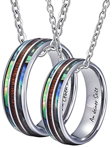 KnSam Wolfram Kette Paare Liebe Gravur EIN Leben lang an deiner Seite, 2Pcs Anhänger Ring 8MM Holz Muschel Kette Pärchen Personalisiert Silber, Gr.54 & Gr.62, Länge 60cm/ 50cm