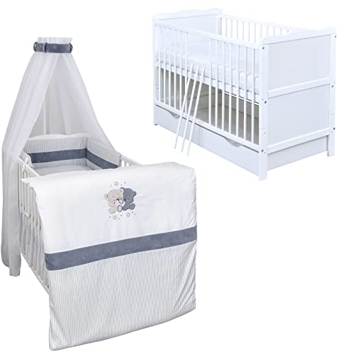 Generisch Baby Delux Babybett Komplett Set Kinderbett umbaubar zum Juniorbett 140x70 weiß Schublade Matratze Bettset mehrteilig Jack (Loving Bears)