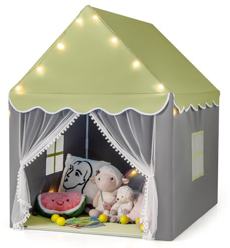 COSTWAY Kids Play Tent, Large Playhouse with Washable Mat and Star Lights, Indoor Outdoor Castle Fairy Tents for Girls Boys (Green with Yellow Lights)