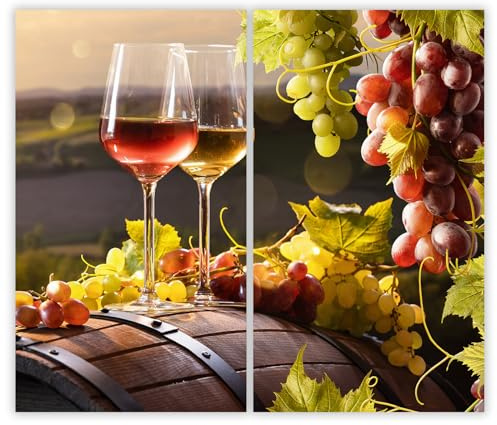 SMTDeco Herdabdeckplatte 2×30×52 cm – ESG gehärtetes Glas, kratzfest & rutschfest – Spritzschutz & Schneidebrett – für Induktion/Ceranfeld – 2-teilig, Motiv Wein Fass Rot