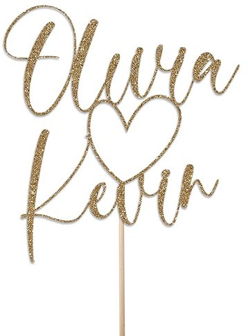 Personalised Wedding Cake Toppers by KreateSquare - With Any Name Customisation - Custom Colour - Double Sided Glitter 950 GSM - Wedding Cake Decoration (Gold)