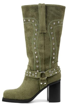 HoanTiai Women's Mid Calf Boots Motorcycle Biker Boots Studded Buckle Square Toe Pull On Block Heeled Booties Fashion Suede Riding Shoes for Women