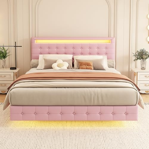 Polsterbett 140 x 200 cm, Bett Schwebebettrahmen mit LED-Beleuchtung und Lattenrost, Doppelbett mit höhenverstellbares Kopfteil, Floating Bed Frame, Gepolstertes Bett Bettrahmen, Ohne Matratze, Rosa