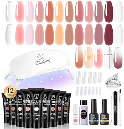 ROSALIND Kit Completo Poligel para Uñas con Lámpara UV, Base y Top Coat, 12 Colores 10ml para Bricolaje en Casa y Profesionales