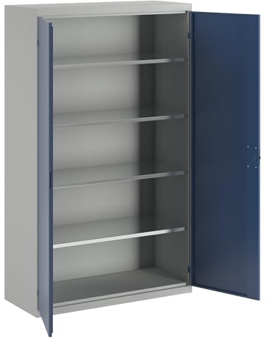 eurokraft pro | Flügeltürenschrank | 4 Fachböden, Breite 1200 mm, lichtgrau / enzianblau