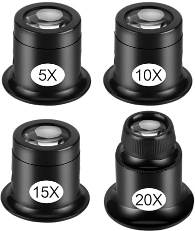 Loupe de Réparation de Montre 4 Pièces Loupes de Bijoutier Loupe Horloger 5X 10x 15x 20x Oeil Portant des Loupes Bijoutie pour loupe, Montre Horloge Réparation Loupe Kits